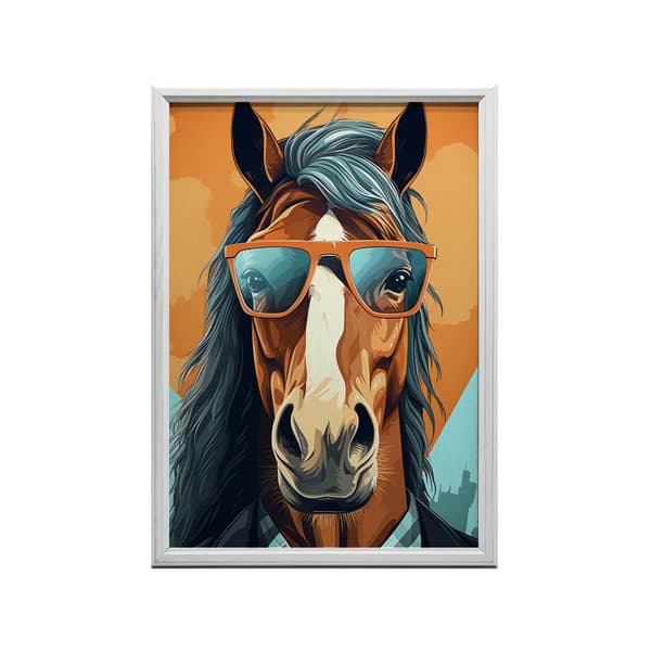 Stilfuld hest med briller Stilfuld hest med briller, 30x40 cm, guld aluminiumsstel, 230 gsm mat papir