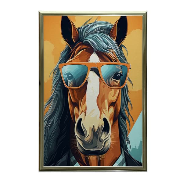 Stilfuld hest med briller Stilfuld hest med briller, 30x40 cm, guld aluminiumsstel, 230 gsm mat papir