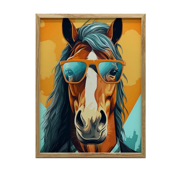 Stilfuld hest med briller Stilfuld hest med briller, 30x40 cm, guld aluminiumsstel, 230 gsm mat papir