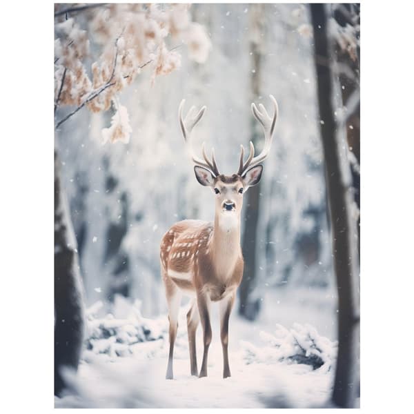 Young Deer in Winter Forest Young Deer in Winter Forest, 50x70 cm, sort aluminiumsramme, 230 gsm mat papir