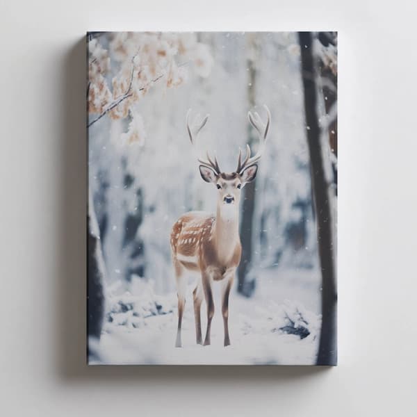 Young Deer in Winter Forest Young Deer in Winter Forest, 50x70 cm, sort aluminiumsramme, 230 gsm mat papir