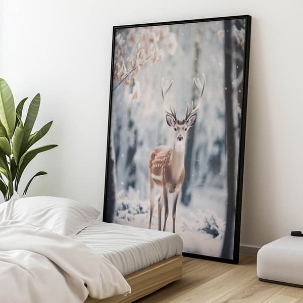Young Deer in Winter Forest Young Deer in Winter Forest, 50x70 cm, sort aluminiumsramme, 230 gsm mat papir