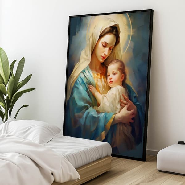 Motherly Care - Mary with Jesus Motherly Care - Mary with Jesus, 40x50 cm, svart aluminiumram, 230 gsm matt papper