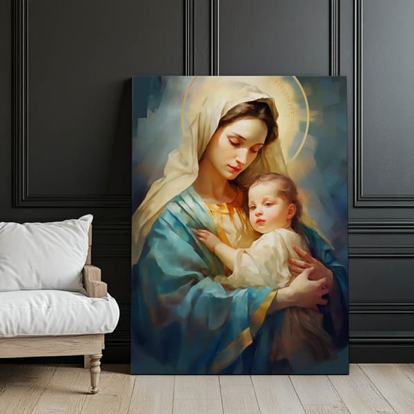 Motherly Care - Mary with Jesus Motherly Care - Mary with Jesus, 40x50 cm, svart aluminiumram, 230 gsm matt papper