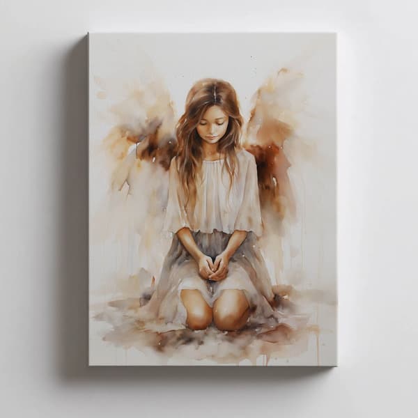 Spiritual Harmony: Kneeling Angel Spiritual Harmony: Kneeling Angel, 50x70 cm, tummanruskea puurunko, 230 gsm mattapaperi