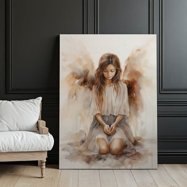 Spiritual Harmony: Kneeling Angel Spiritual Harmony: Kneeling Angel, 50x70 cm, tummanruskea puurunko, 230 gsm mattapaperi