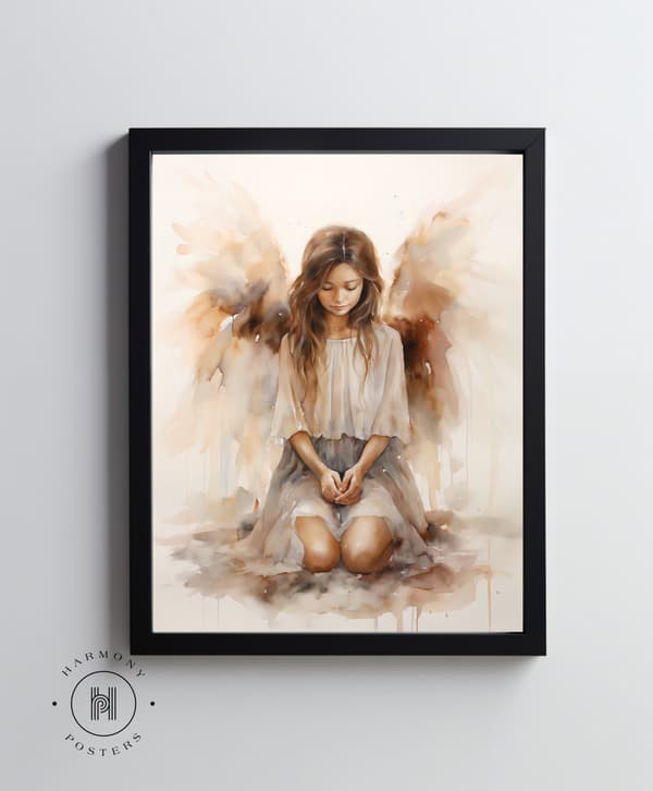 Spiritual Harmony: Kneeling Angel Spiritual Harmony: Kneeling Angel, 50x70 cm, tummanruskea puurunko, 230 gsm mattapaperi