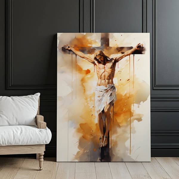 Kärlek på korset - Jesus som dör på korset Kärlek på korset - Jesus som dör på korset, 60x90 cm, ram i guld aluminium, 230 gsm matt papper