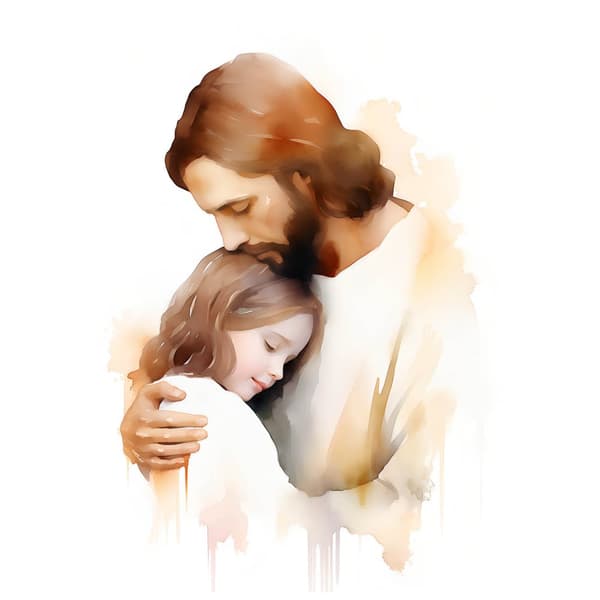Embraces of Hope - Jesus krammer en pige Embraces of Hope - Jesus krammer en pige, 30x40 cm, hvid træramme, 230 gsm mat papir