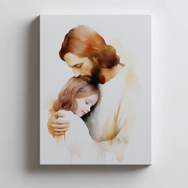 Embraces of Hope - Jesus krammer en pige Embraces of Hope - Jesus krammer en pige, 30x40 cm, hvid træramme, 230 gsm mat papir