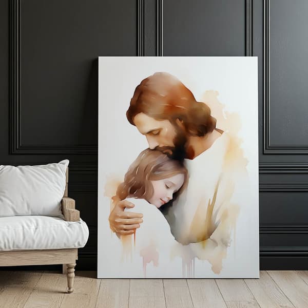 Embraces of Hope - Jesus krammer en pige Embraces of Hope - Jesus krammer en pige, 30x40 cm, hvid træramme, 230 gsm mat papir