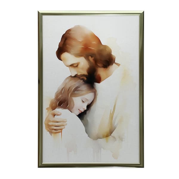 Embraces of Hope - Jesus krammer en pige Embraces of Hope - Jesus krammer en pige, 30x40 cm, hvid træramme, 230 gsm mat papir