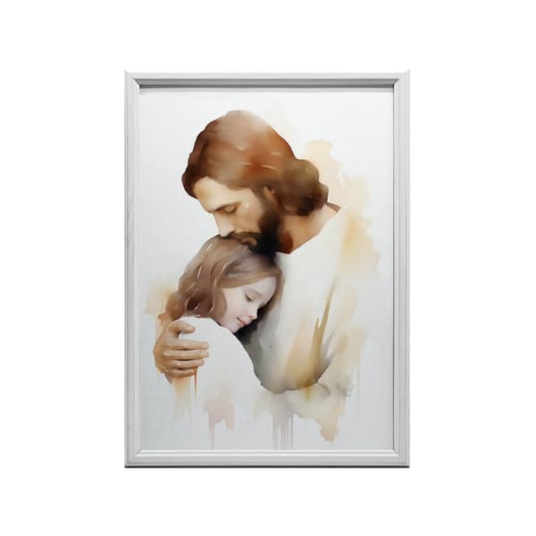 Embraces of Hope - Jesus krammer en pige Embraces of Hope - Jesus krammer en pige, 30x40 cm, hvid træramme, 230 gsm mat papir