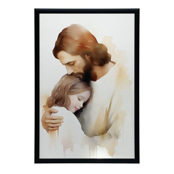 Embraces of Hope - Jesus krammer en pige Embraces of Hope - Jesus krammer en pige, 30x40 cm, hvid træramme, 230 gsm mat papir