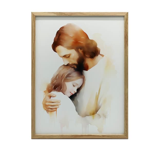 Embraces of Hope - Jesus krammer en pige Embraces of Hope - Jesus krammer en pige, 30x40 cm, hvid træramme, 230 gsm mat papir