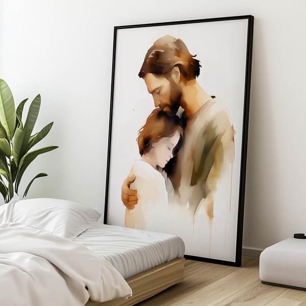 Jumalallinen rakkaus - Jeesus halaa poikaa Jumalainen rakkaus - Jeesus halaa poikaa, 50x70 cm, vaalea tammipuurunko, 230 gsm mattapaperi