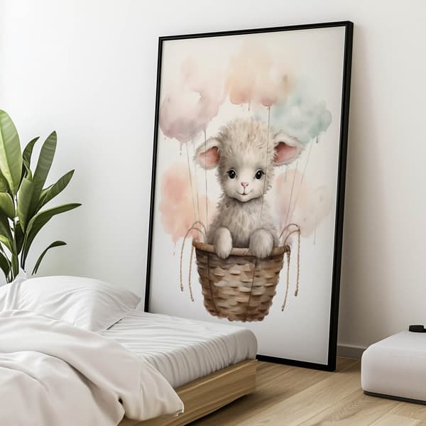 Sheep on a Cloud Walk Sheep on a Cloud Walk, 50x70 cm, mørkebrun træramme, 230 gsm mat papir