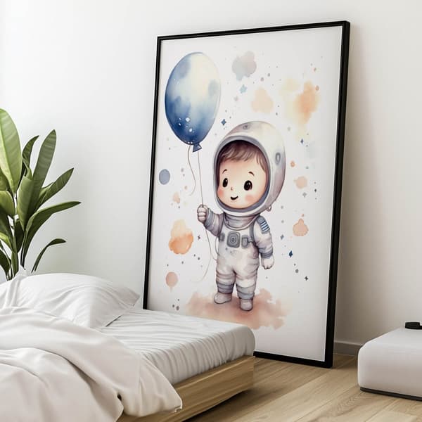 Rejse gennem stjernerne med en ballon i hånden Rejse gennem stjernerne med en ballon i hånden, 50x70 cm, sort aluminiumsramme, 230 gsm mat papir