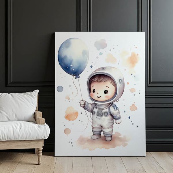 Rejse gennem stjernerne med en ballon i hånden Rejse gennem stjernerne med en ballon i hånden, 50x70 cm, sort aluminiumsramme, 230 gsm mat papir