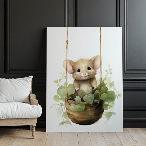 Mus på gynge Mus på gynge, 50x70 cm, mørkebrun træramme, 230 gsm mat papir