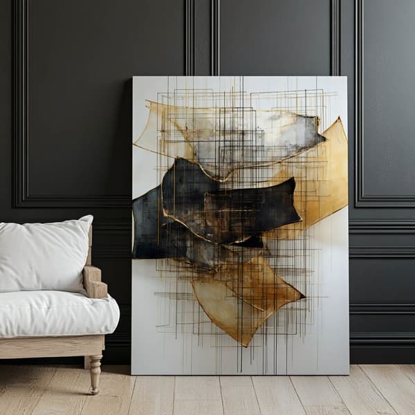 Guld-svart skulptur i rymden Guld-svart skulptur i rymden, 50x70 cm, svart aluminiumram, 230 gsm matt papper