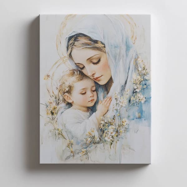 Mor med barn - Billede af Jomfru Maria med barn Mor med barn - Billede af Jomfru Maria med barn, 70x100 cm, uindrammet, premium lærred på båreramme