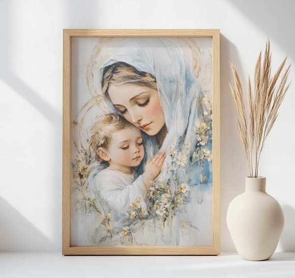 Mor med barn - Billede af Jomfru Maria med barn Mor med barn - Billede af Jomfru Maria med barn, 70x100 cm, uindrammet, premium lærred på båreramme