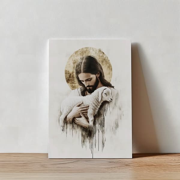 Jesus med lam Jesus med lam, 70x100 cm, lys egetræsramme, 230 g mat papir
