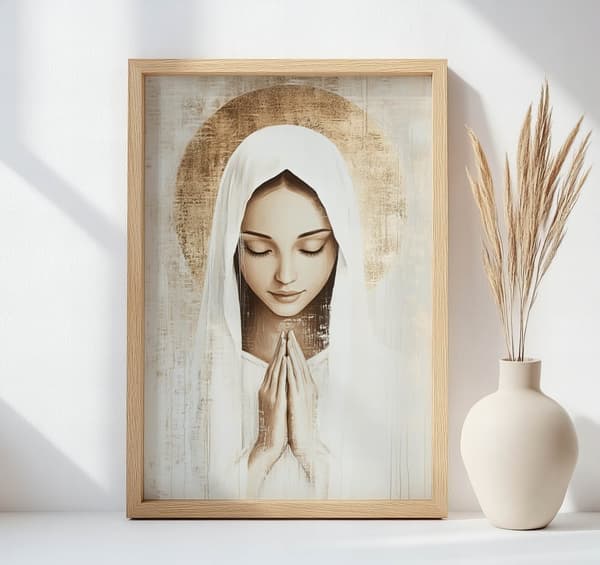 Mary's Prayer in Silence Mary's Prayer in Silence, 70x100 cm, lys egetræsramme, 230 gsm mat papir