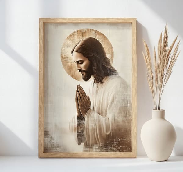 Jesus in Prayer - Golden Halo Jesus in Prayer - Golden Halo, 40x50 cm, sort aluminiumsramme, 230 gsm mat papir