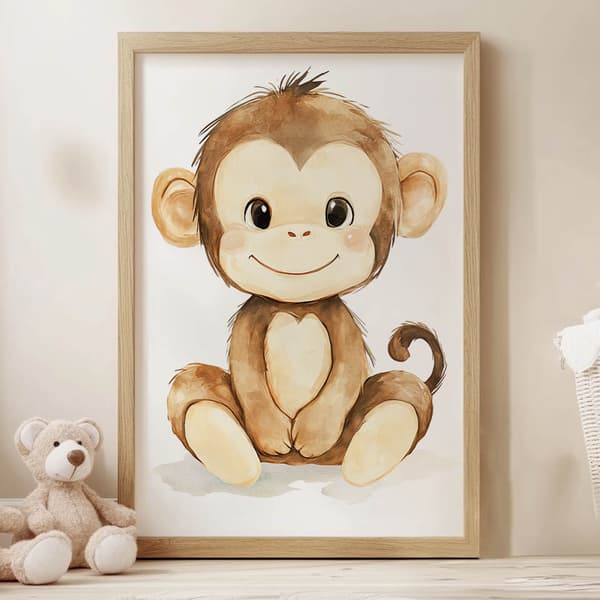 Plakat Smilende abe på hvid baggrund Plakat Smilende abe på hvid baggrund, 70x100 cm, uindrammet, premium lærred på båreramme