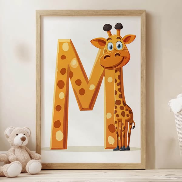 Giraff med bokstaven M - Affisch för barn Giraff med bokstaven M - Affisch för barn, 30x40 cm, ljus ekträram, 230 gsm matt papper