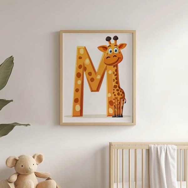 Giraff med bokstaven M - Affisch för barn Giraff med bokstaven M - Affisch för barn, 30x40 cm, ljus ekträram, 230 gsm matt papper