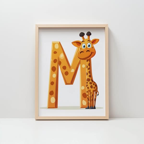 Giraff med bokstaven M - Affisch för barn Giraff med bokstaven M - Affisch för barn, 30x40 cm, ljus ekträram, 230 gsm matt papper