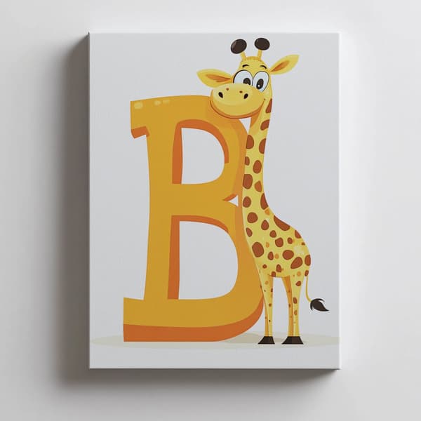 Affisch Skrattande giraff mot bokstaven B Affisch Skrattande giraff mot bokstaven B, 30x40 cm, oinramad, premiumduk på bårram