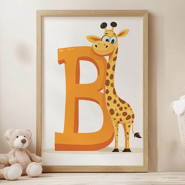Affisch Skrattande giraff mot bokstaven B Affisch Skrattande giraff mot bokstaven B, 30x40 cm, oinramad, premiumduk på bårram