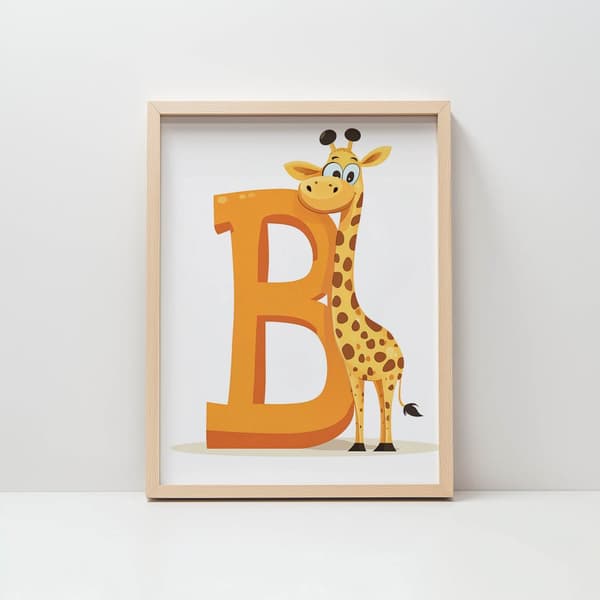 Affisch Skrattande giraff mot bokstaven B Affisch Skrattande giraff mot bokstaven B, 30x40 cm, oinramad, premiumduk på bårram