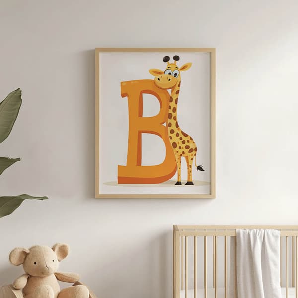 Plakat Grinende giraf ved bogstavet B Plakat Grinende giraf ved bogstavet B, 60x90 cm, guld aluminiumsramme, 230 gsm mat papir