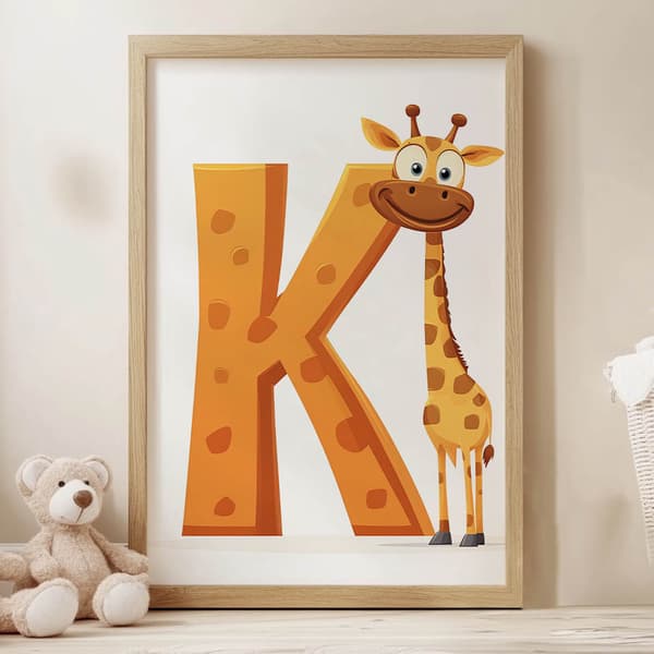 Kirahvi kirjaimella K - Iloinen juliste lapsille Kirahvi kirjaimella K - Iloinen juliste lapsille, 50x70 cm, kultainen alumiinikehys, 230 gsm mattapap