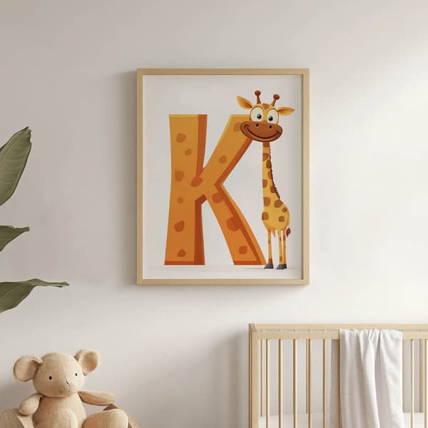 Kirahvi kirjaimella K - Iloinen juliste lapsille Kirahvi kirjaimella K - Iloinen juliste lapsille, 50x70 cm, kultainen alumiinikehys, 230 gsm mattapap