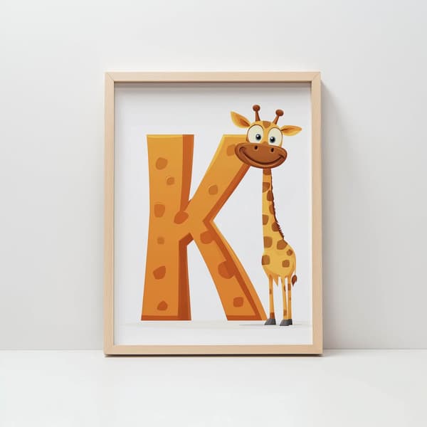 Kirahvi kirjaimella K - Iloinen juliste lapsille Kirahvi kirjaimella K - Iloinen juliste lapsille, 50x70 cm, kultainen alumiinikehys, 230 gsm mattapap