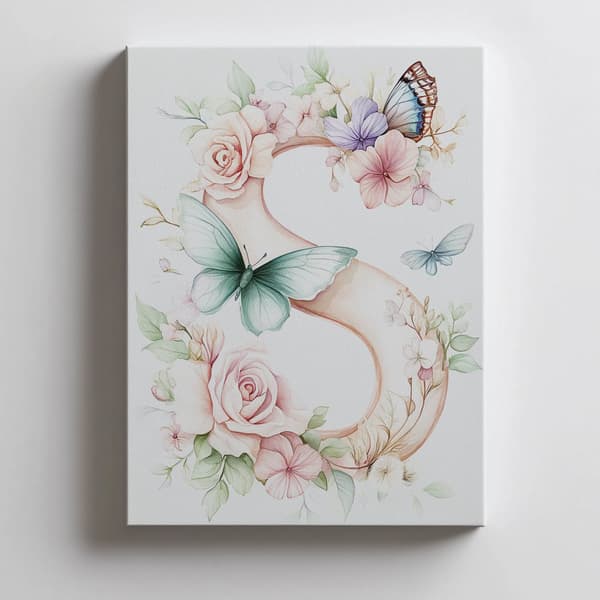 Plakat "S" med blomster og sommerfugle Plakat "S" med blomster og sommerfugle, 50x70 cm, sort aluminiumsramme, 230 gsm mat papir