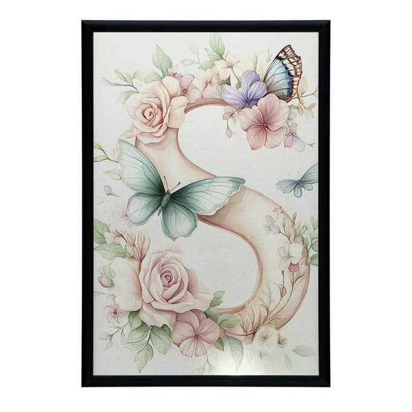 Plakat "S" med blomster og sommerfugle Plakat "S" med blomster og sommerfugle, 50x70 cm, sort aluminiumsramme, 230 gsm mat papir