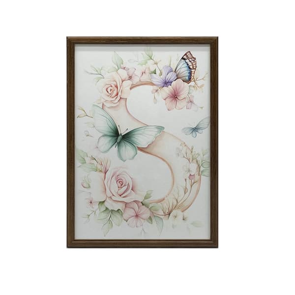 Plakat "S" med blomster og sommerfugle Plakat "S" med blomster og sommerfugle, 50x70 cm, sort aluminiumsramme, 230 gsm mat papir