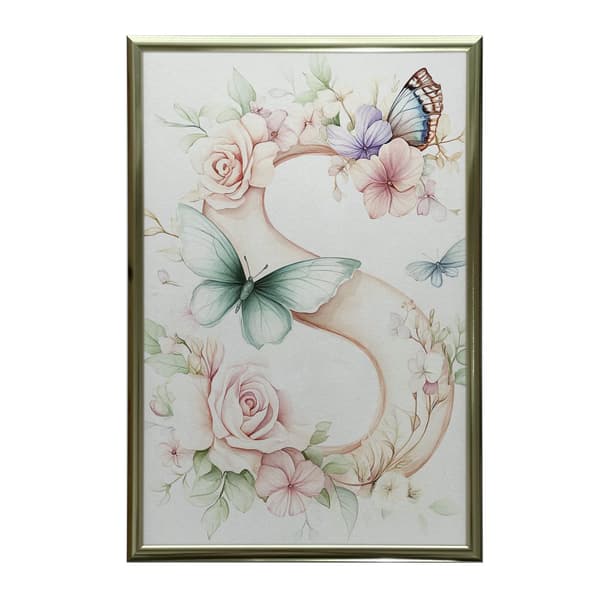 Plakat "S" med blomster og sommerfugle Plakat "S" med blomster og sommerfugle, 50x70 cm, sort aluminiumsramme, 230 gsm mat papir