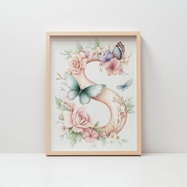 Plakat "S" med blomster og sommerfugle Plakat "S" med blomster og sommerfugle, 50x70 cm, sort aluminiumsramme, 230 gsm mat papir