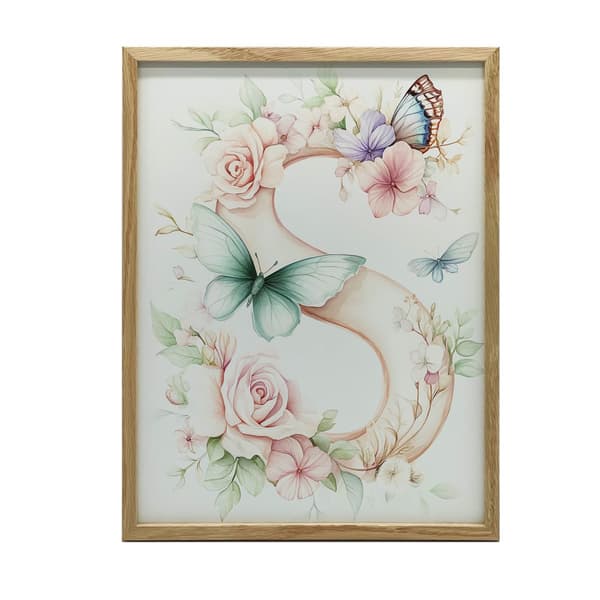 Plakat "S" med blomster og sommerfugle Plakat "S" med blomster og sommerfugle, 50x70 cm, sort aluminiumsramme, 230 gsm mat papir