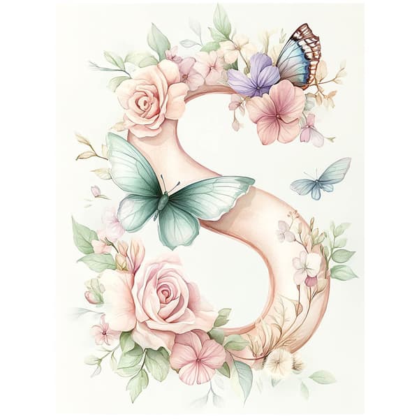 Poster "S" med blommor och fjärilar Poster "S" med blommor och fjärilar, 60x90 cm, ramlös, 230 gsm matt papper
