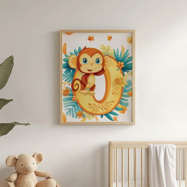 Plakat Munter abe på bogstavet "O Plakat Munter abe på bogstavet "O, 30x40 cm, uindrammet, premium lærred på båreramme