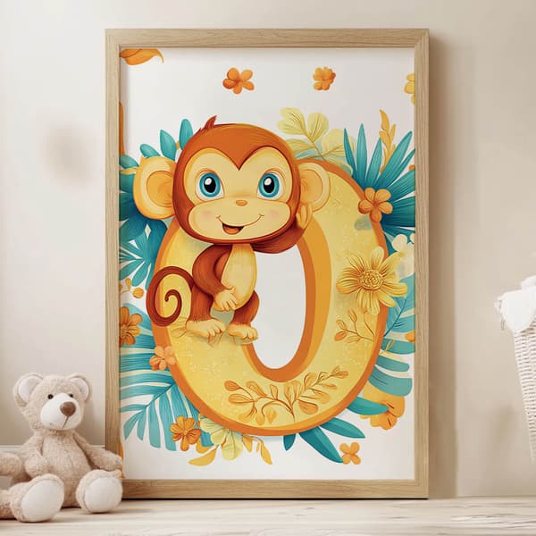 Affisch Glad apa på bokstaven "O Affisch Glad apa på bokstaven "O, 50x70 cm, mörkbrun träram, 230 gsm matt papper